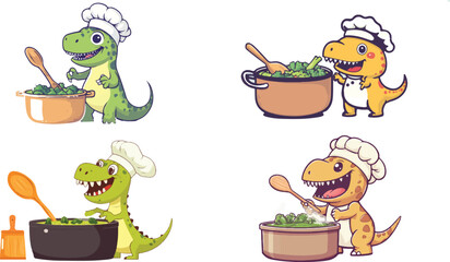 a cute cartoon t-rex wearing a chef's hat, standing next to a large pot of green vegetable soup and holding a wooden spoon while cooking