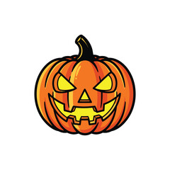 A spooky smiling Jack-o'-lantern illustration for halloween, featuring a carved pumpkin with a glowing evil face isolated on a white background. Perfect vector design for holiday decoration