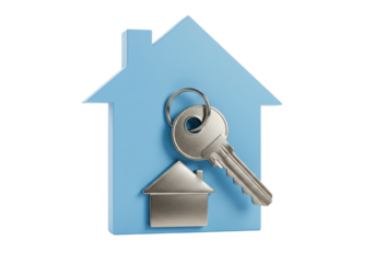 Isolated House icon with a silver key showing house buying or real estate ownership concept