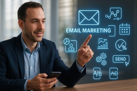 A man interacts with a virtual email marketing interface, representing digital communication