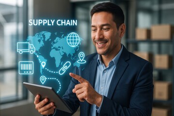 A businessman explores supply chain management via a digital tablet