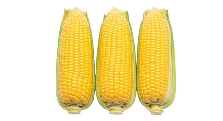 Isolated corn on the cob, golden sweet maize with husks in vertical studio shot, healthy food