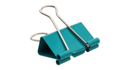 Isolated teal binder clip stationery item holding papers together in the home or office place