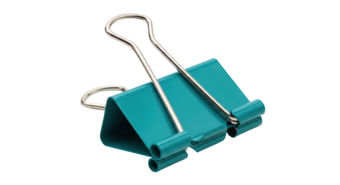 Isolated teal binder clip stationery item holding papers together in the home or office place