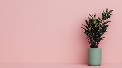 Indoor Plant in Minimalist Green Pot on Pink Background