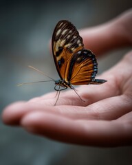 Butterfly Resting on Human Hand in Natural Outdoor Setting