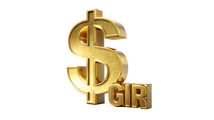 Metallic golden color Dollar Mark in 3D, White and Transparent Backdrop