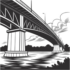 A dramatic black and white illustration of a grand bridge spanning a wide river under a cloudy sky