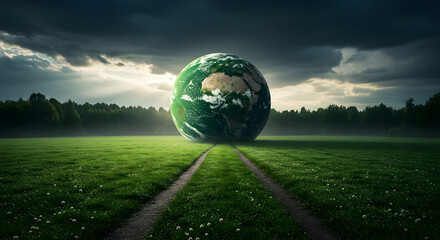 Caring for the planet for future generations, Planet Earth as a healthy green sphere, dramatic sky with clouds over a green field, preservation of the ecosystem and wildlife