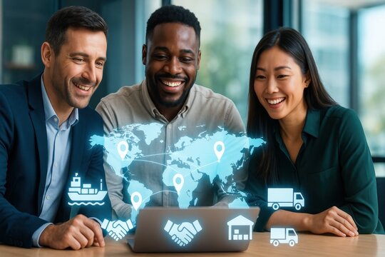 Three diverse professionals collaborating, exploring global logistics with an animated world map
