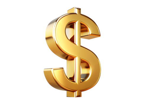 Metallic golden color Dollar Mark in 3D, White and Transparent Backdrop