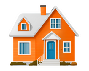  sticker design orange house with a white roof and blue door, transparent background