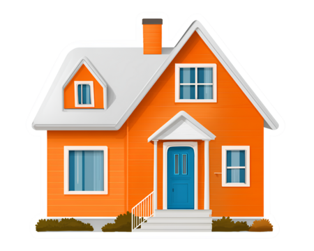  sticker design orange house with a white roof and blue door, transparent background