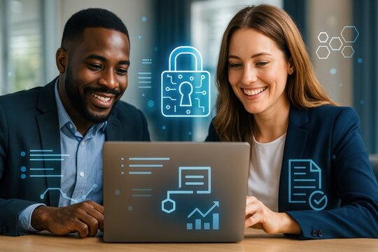 a business colleagues discussing network security, data protection, and cyber safety. The image features a laptop with security themed icons and smiling colleagues