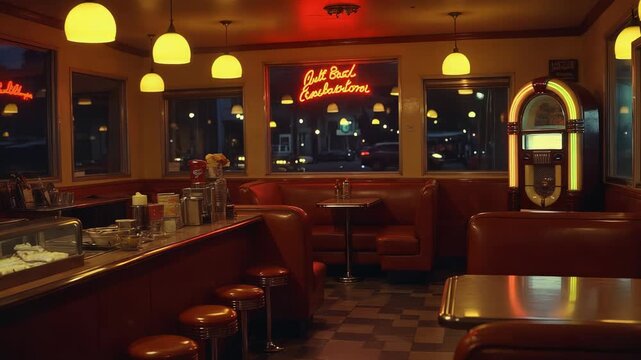 A retro diner interior at night with a charming classic jukebox