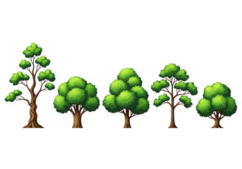 Diverse pixel art forest trees in a row pixelated nature element for game development and digital art isolated on transparent background
