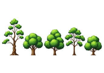 Diverse pixel art forest trees in a row pixelated nature element for game development and digital art isolated on transparent background