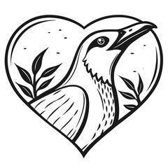 Stylized black and white line art of a bird inside a heart shape with leaves and dots