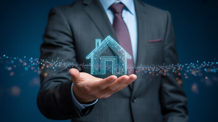 Businessman holding a glowing digital house symbol representing real estate technology