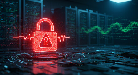 Cybersecurity concept in a data center, ransomware threat on data servers, and a glowing red padlock on a technology background