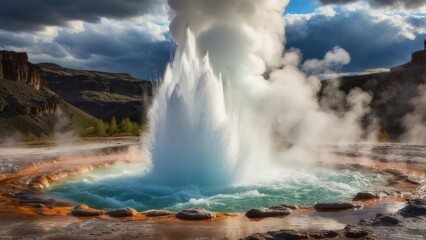 Obraz premium Geyser erupting in a geothermal pool