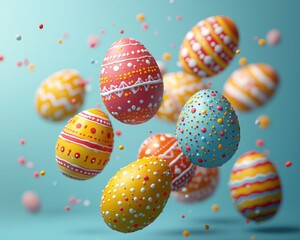 Colorful Easter eggs in mid-air against a light teal background