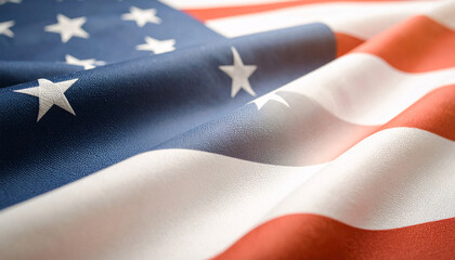 Fototapeta premium Close up of American flag fabric with stars and stripes detail
