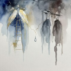 Ethereal Ascent: Golden Ladder, Wings, Dark Drips Watercolor.