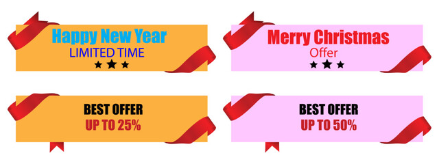 Merry Christmas Promotion banner with red ribbon. Christmas themed new year promotional sale banner vector illustration.