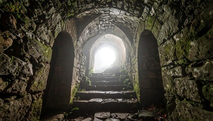 Obraz premium Stone Tunnel with Archways Leading to Bright Light on Stairs
