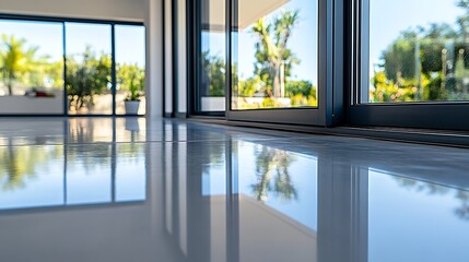 Fototapeta premium Modern Villa with Shiny Floor Reflecting Palm Trees.