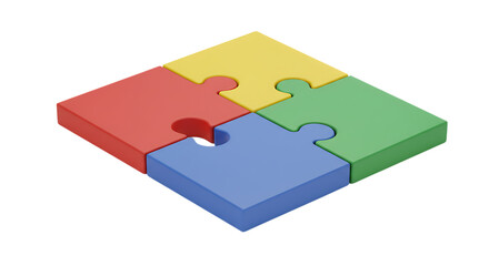 Four colorful puzzle pieces assembled in a square formation isolated on white background