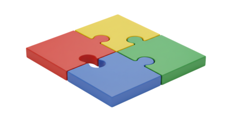Four colorful puzzle pieces assembled in a square formation isolated on white background