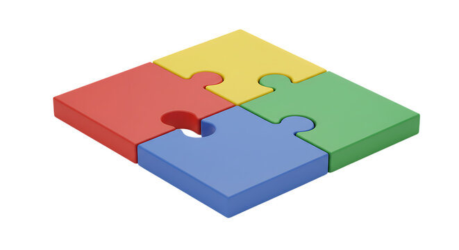 Four colorful puzzle pieces assembled in a square formation isolated on white background