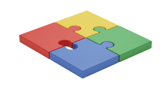 Four colorful puzzle pieces assembled in a square formation isolated on white background