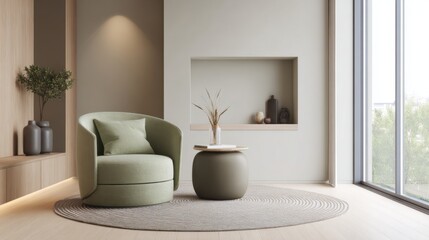 minimalist living room full view, sage green round armchair, mocha wall niche, light taupe rug, clean lines, soft ambient light