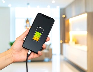 Hand holding a phone with a charging icon.  Modern interior