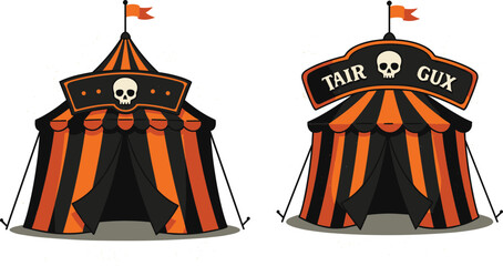 Halloween circus tent illustration with orange and black stripes, spooky skull decoration, creepy carnival fairground design, haunted circus theme for seasonal celebration artwork © Lotus