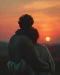 Romantic Sunset Embrace of Two Individuals Overlooking Landscape