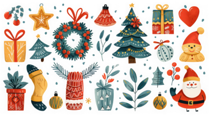 A whimsical collection of christmasthemed watercolor illustrations featuring trees, gifts, ornaments, and santa, isolated on transparent background, evoking holiday spirit
