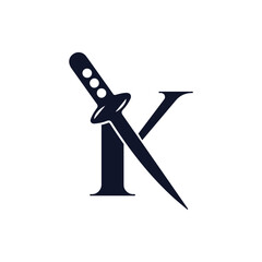 Letter k monogram with dagger knife symbol as minimalist logo icon