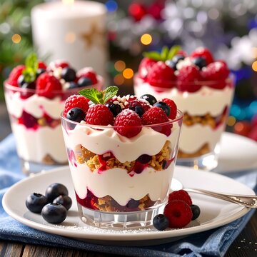 Festive berry parfaits on a plate