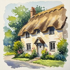Picturesque Thatched Cottage Watercolor with Lush Garden.