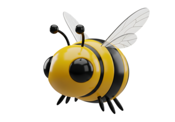 Cute yellow and black striped bee character with big eyes and translucent wings isolated on transparent background