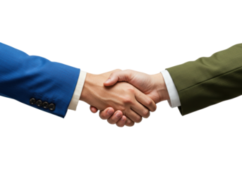 Isolated handshake agreement between businessmen in formal suits, business partnership deal