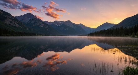 Serene lake reflecting mountains and sunset sky at twilight  