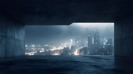 Moody Concrete Balcony Overlooking a Foggy Illuminated Metropolis at Night.