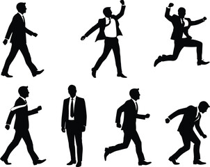 Silhouette businessman poses, walking running jumping celebrating, corporate professional action, dynamic body language, office career success concept illustration art