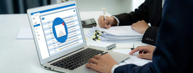 Email notification message showing on computer screen brisk. Digital marketing message information text from business to customer client