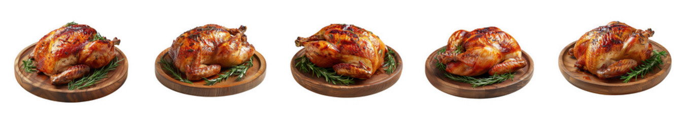 Five small roasted chickens on wooden plates with green garnish, creating a row of appetizing and festive dishes isolated on transparent background